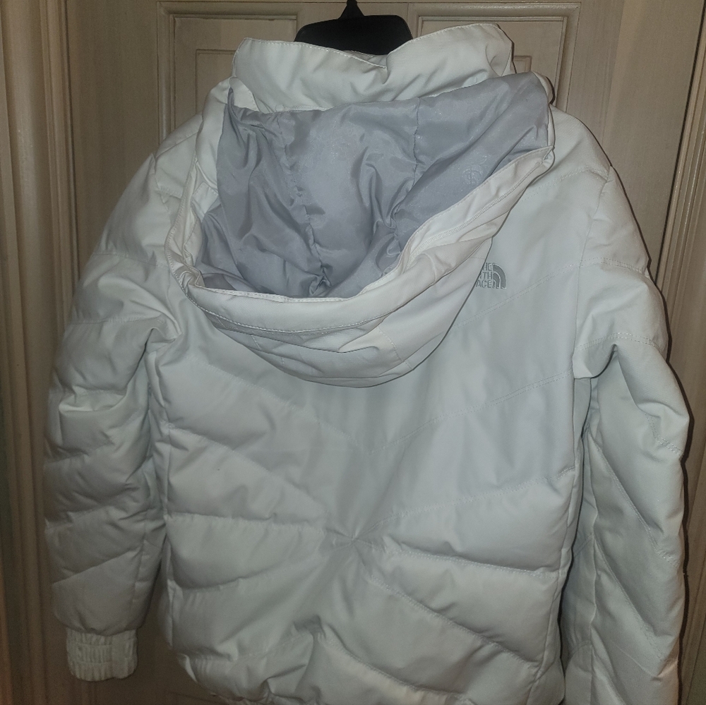 Misses Sz M North Face Down Winter Jacket With Hood White Gray - Picture 3 of 16